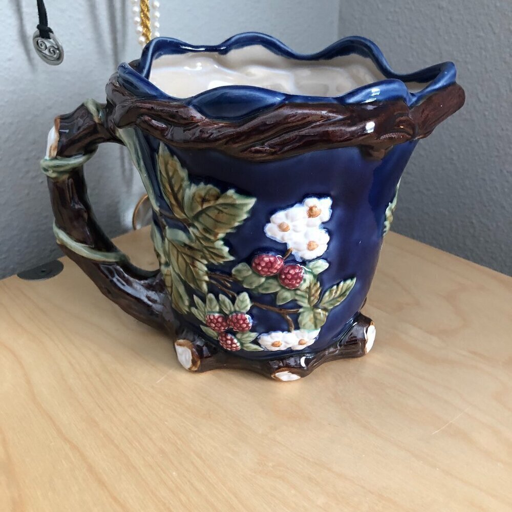 1991 Chinese Wan Jiang Nouveau Majolica Blue & Brown Floral Pitcher - Signed
